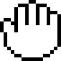 Black and white pixelated hand cursor is pointing and clicking, isolated on white background, representing simple