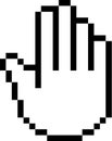 Black and white pixelated hand cursor pointing and clicking or selecting something on a computer screen, representing