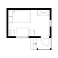 Black and white plan of tiny garden house. One room with furniture