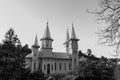 Black and white Poienile Izei new white church exterior view Royalty Free Stock Photo