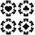 Black and white poker chips set with card suits hearts, spades, diamonds, clubs.