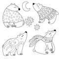 Black and white polar bears in festive scarves and sweaters in outline Royalty Free Stock Photo