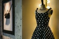 black and white polkadot summer dress on mannequin, in sleek decor