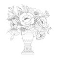 Black and white poppy and wild flowers big bouquet in a vase. Coloring book page. Royalty Free Stock Photo