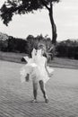 Black and white portrait of Beautiful little girl  Is dancing outside at  summer sunset Royalty Free Stock Photo