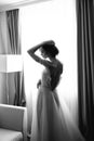 Black and white Portrait of the bride with open dress from the back on the window background. Beautiful neckline on the Royalty Free Stock Photo