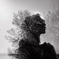 Black and white Portrait of a girl with a double exposure on a background of tree crowns. Delicate mysterious portrait of a woman