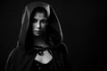 Black and white portrait of gorgeous girl wearing hood on. Royalty Free Stock Photo