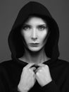 Black and white portrait of Halloween Widow in hoodie