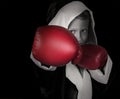 Black and white portrait little boy in red boxing gloves Royalty Free Stock Photo