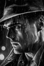 black and white portrait of male noir detective in a coat and hat in a night city