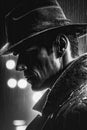 black and white portrait of male noir detective in a coat and hat in a night city Royalty Free Stock Photo