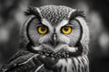 Black and white portrait owl with big yellow eyes. Royalty Free Stock Photo