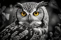 Black and white portrait owl with big yellow eyes. Royalty Free Stock Photo