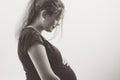 Black and white portrait of pregnant woman in profile with hands on her stomach on white background, future life concept Royalty Free Stock Photo