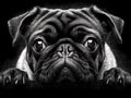 Black and White portrait of a pug dog looking straight at camera Royalty Free Stock Photo