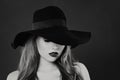 Black and white portrait of sensual woman model in classic hat Royalty Free Stock Photo