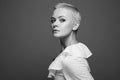 black and white portrait of Short Hair Beautiful young woman Royalty Free Stock Photo