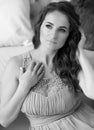 Black and white  portrait of a stunning young girl in a lavender colored dress Royalty Free Stock Photo