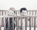 Black and white portrait of two cute adorable funny babies siblings friends of nine months standing in bed crib