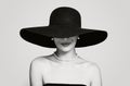 Black And White Portrait Of Vintage Woman In Classic Hat And Pearls Jewelry, Retro Styling Girl