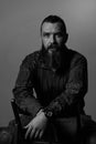 Black and white portrait of a 40-year-old bearded soldier Royalty Free Stock Photo