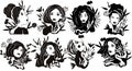 Black and white portraits fashionable womans with different hair style, flowers and leaves. Women collection ideal for