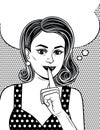 Black and white poster in comic art style of an attractive girl holds her index finger near her lips. Royalty Free Stock Photo