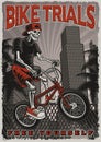 Black and white poster of a skeleton is jumping on bike in the city.