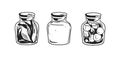 Black and white potion jars with magic liquids and substances. Set of three corked bottles of poison or elixir, herbs