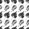 Black white printed autumn leaves seamless pattern