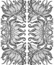 Black and white psychedelic shamanic ornament coloring page. Fantasy bohemian abstract background.