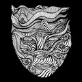 Black and white psychedelic surreal anthropomorphic face with patterns in the form of ammonites, and line pattern