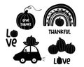 Black white pumpkin clipart set. Cute Pumpkin element, trendy baby rainbow, pumpkin letters. Thanksgiving silhouette Royalty Free Stock Photo