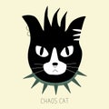 Black and white punk cat with collar. Head of angry black cat with punk hair. \