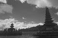 Black and white. Pura Ulun Danu Bratan, Bali. Hindu temple surrounded by flowers on Bratan lake, Bali Royalty Free Stock Photo