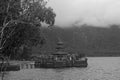 Black and white. Pura Ulun Danu Bratan, Bali. Hindu temple surrounded by flowers on Bratan lake, Bali Royalty Free Stock Photo