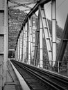 Black and white of a railway bridge with intricate steel structure and forest in the background. Royalty Free Stock Photo