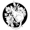 Black and white rat with flowers. Vector Illustration.