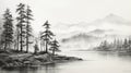 Black And White Realism: Detailed Sketch Of Pine Trees Along Water Royalty Free Stock Photo