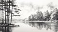 Black And White Realism: Serene Forest And Lake Sketch