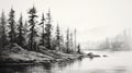 Black And White Realism: Serene Pine Trees Sketch Along Water Royalty Free Stock Photo
