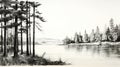 Black And White Realism: A Stunning Sketch Of Pine Trees Along Water Royalty Free Stock Photo