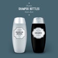 Black and White Realistic Shampoo Bottles with Vintage Labels. Vector Template Package. Plastic Container Mock Up Royalty Free Stock Photo