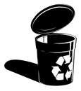 Black and white recycle bin with recycling sign. Container for separating garbage. Caring for environment, processing raw