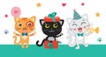 Black, white and red cute little cats. Congratulates card.