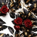 Red Black Gold Feathers and Rose Flowers Seamless Pattern Beautiful Floral Art Digital Background Design Royalty Free Stock Photo