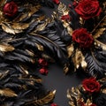 Red Black Gold Feathers and Rose Flowers Seamless Pattern Beautiful Floral Art Digital Background Design Royalty Free Stock Photo