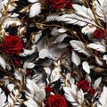 Red White Black Gold Feathers and Rose Flowers Seamless Pattern Beautiful Floral Art Digital Background Design Royalty Free Stock Photo