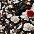 Red White Black Gold Feathers and Rose Flowers Seamless Pattern Beautiful Floral Art Digital Background Design Royalty Free Stock Photo